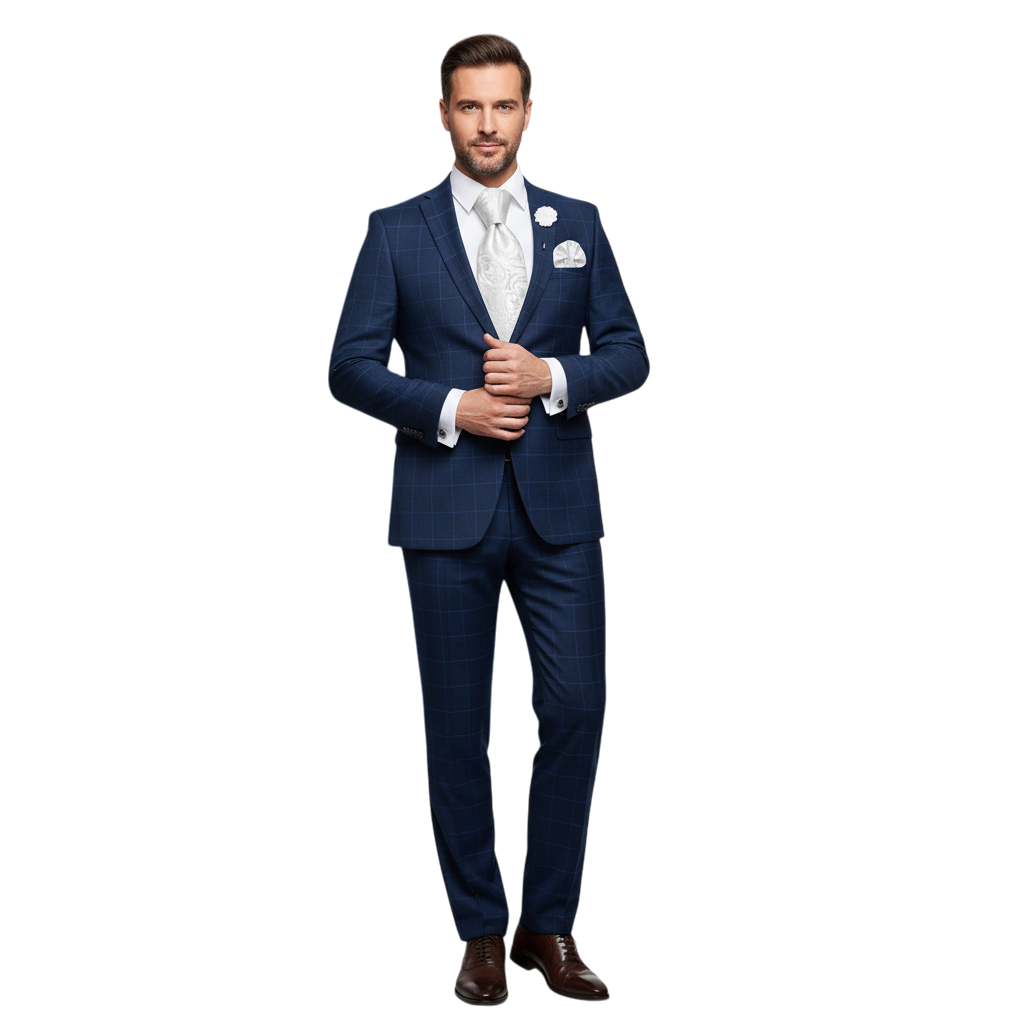 JASE HEART GLOBAL man in a navy blue plaid suit with a white paisley tie and pocket square in a classic study