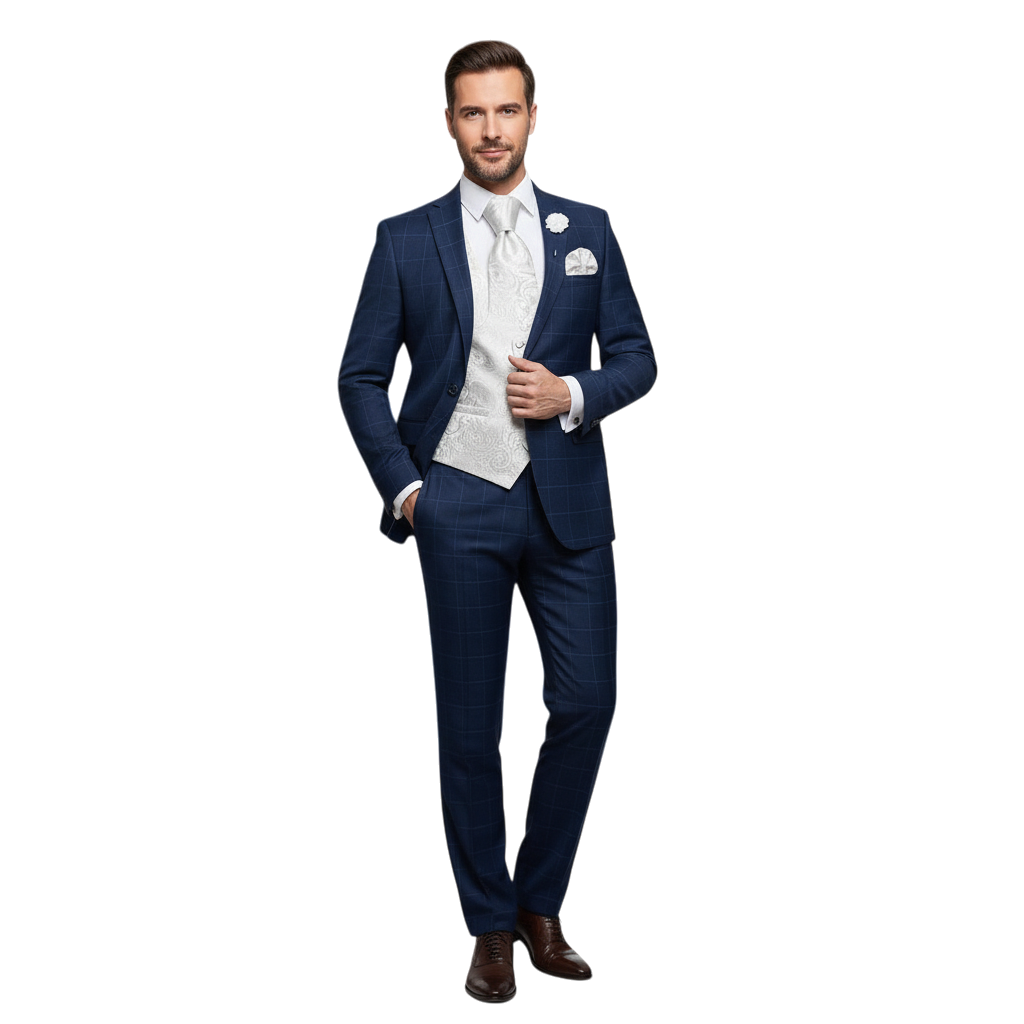JASE HEART GLOBAL man in a navy blue plaid suit with a white patterned vest and pocket square in a classic study