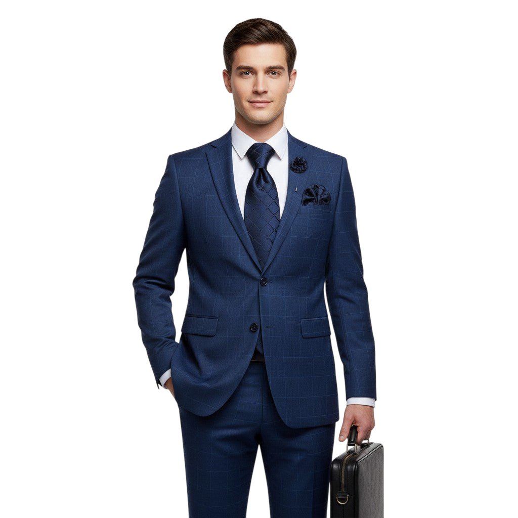 JASE HEART GLOBAL model wearing a blue plaid suit with a matching tie, pocket square, and lapel pin holding a bag