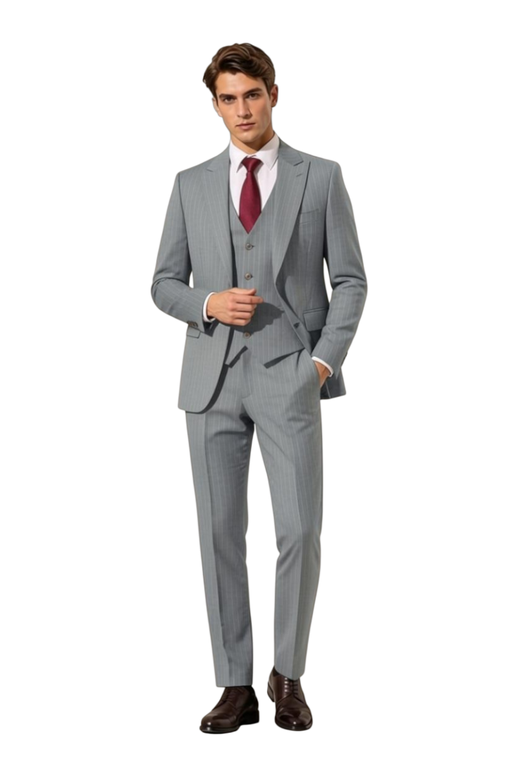 JASE Heart Executive Savile grey pinstripe three-piece suit with vest, worn by a man with a white shirt and red tie.