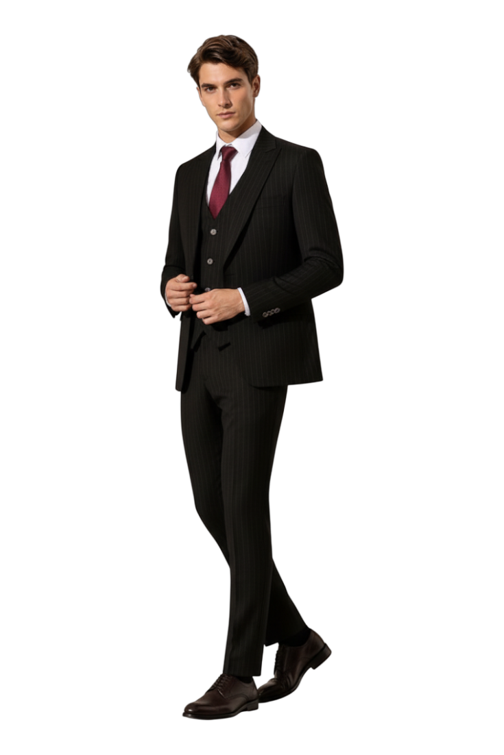 JASE Heart Executive Savile three-piece pinstripe suit in black with a white shirt and burgundy tie on a model