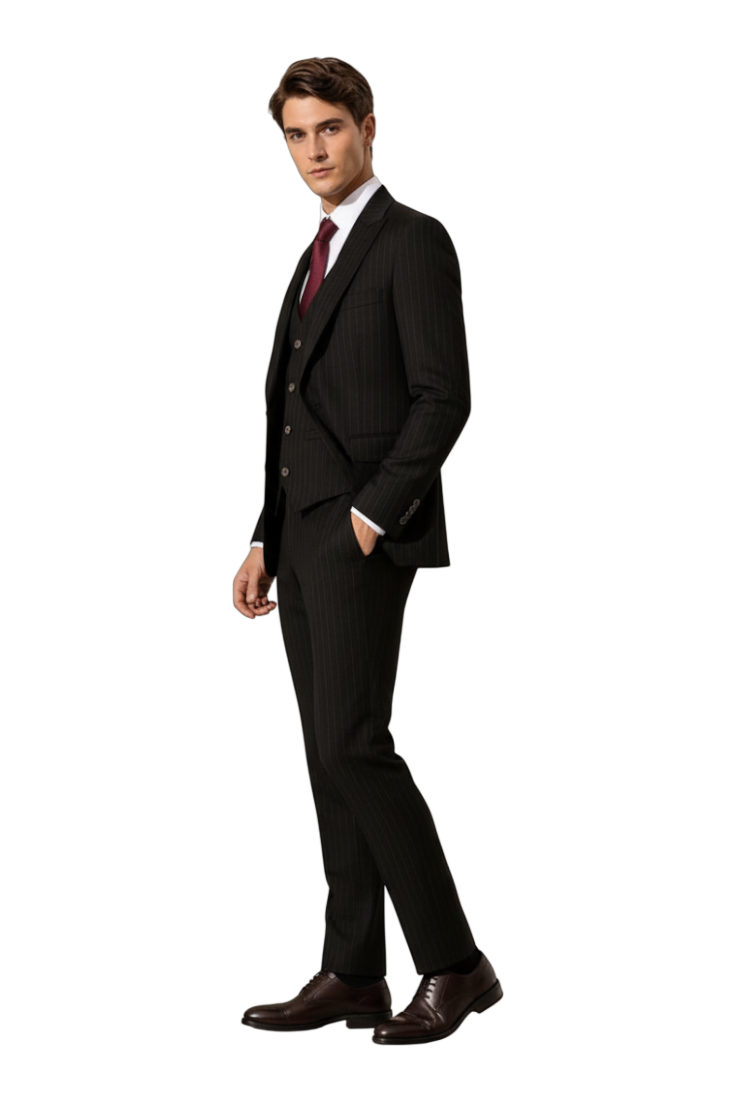 JASE Heart Executive Savile black pinstripe three-piece suit worn by a man with a white shirt and burgundy tie