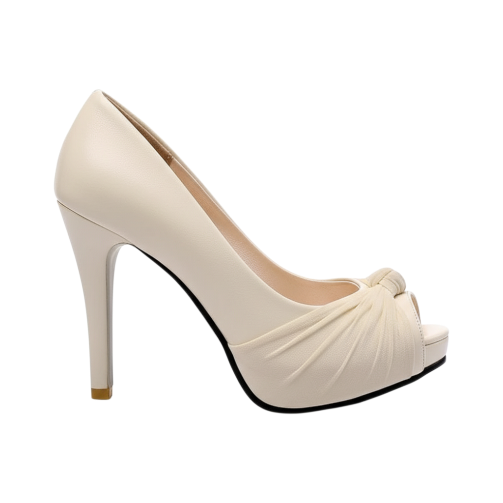 JASE Heart Graceful Knot cream peep-toe high heel pump with elegant gathered fabric detail and stiletto heel