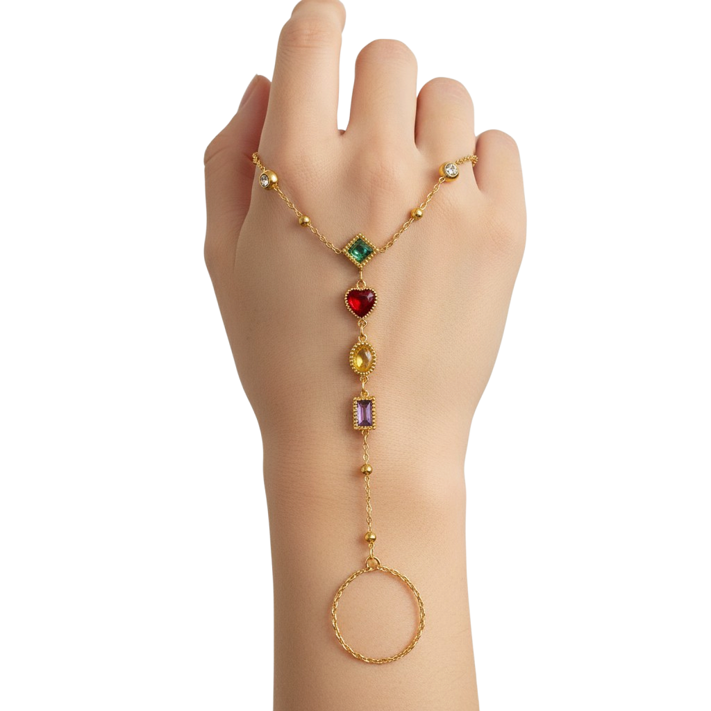 JASE HEART GLOBAL gold-tone hand chain featuring multi-colored gemstone charms and a delicate finger ring