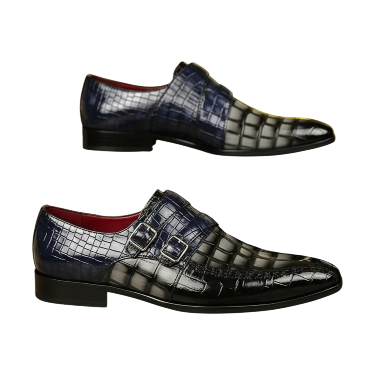 JASE Heart Royal Alligator double monk strap dress shoes in two-tone navy and black embossed leather