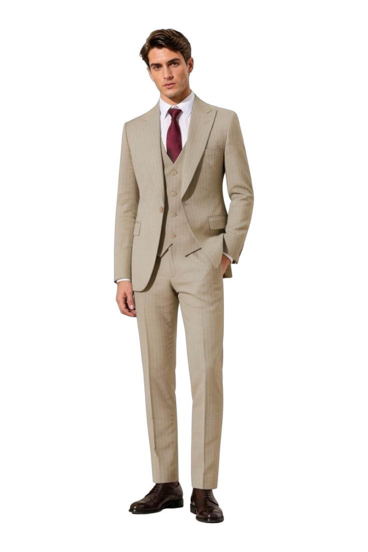 JASE Heart Executive Savile beige pinstripe three-piece suit with a burgundy tie worn by a male model.