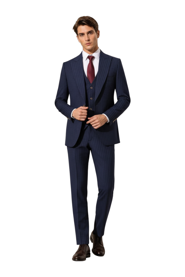 JASE Heart Executive Savile navy blue pinstripe three-piece suit with a waistcoat, white shirt, and maroon tie.
