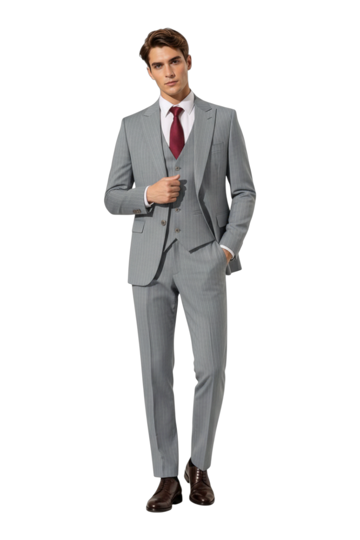 JASE Heart Executive Savile grey pinstripe three-piece suit worn by a model with a white shirt and dark red tie.