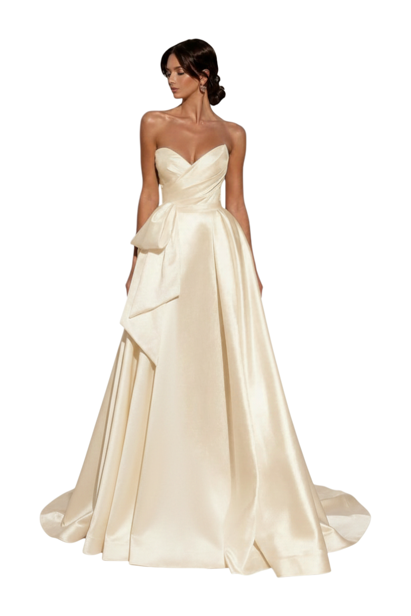 JASE Heart Radiant Bow strapless ivory satin wedding dress with a sweetheart neckline and large waist bow detail