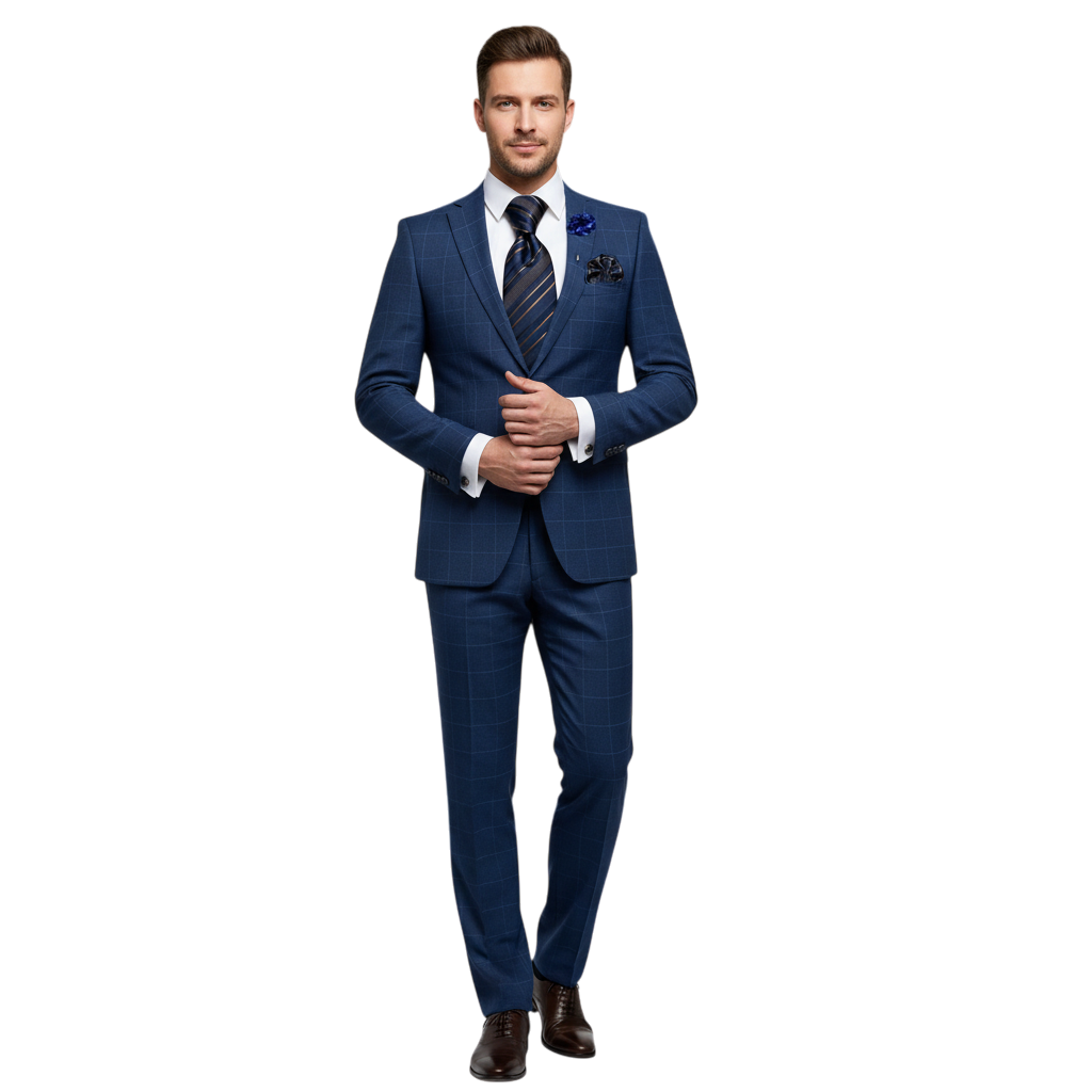 JASE HEART GLOBAL blue plaid suit worn by a man with a white shirt, striped tie, and pocket square