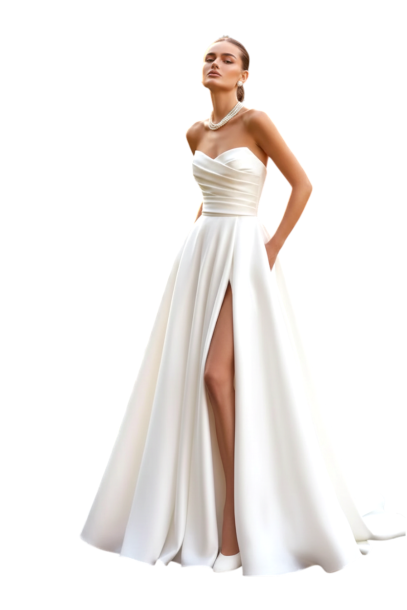 JASE Heart Radiant Silhouette white strapless A-line wedding dress with a high leg slit and pockets in a garden