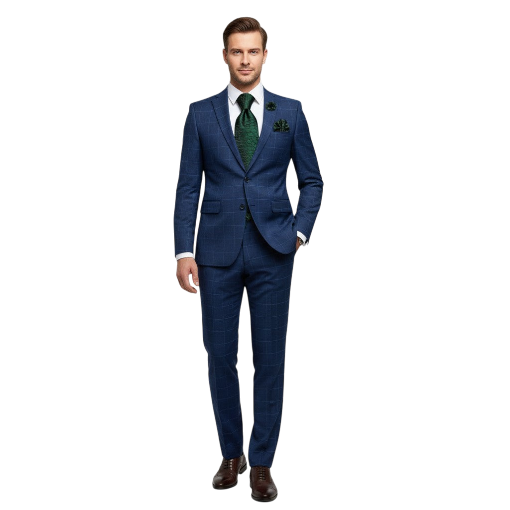 JASE HEART GLOBAL man wearing a navy blue plaid suit with a dark green patterned tie and matching pocket square