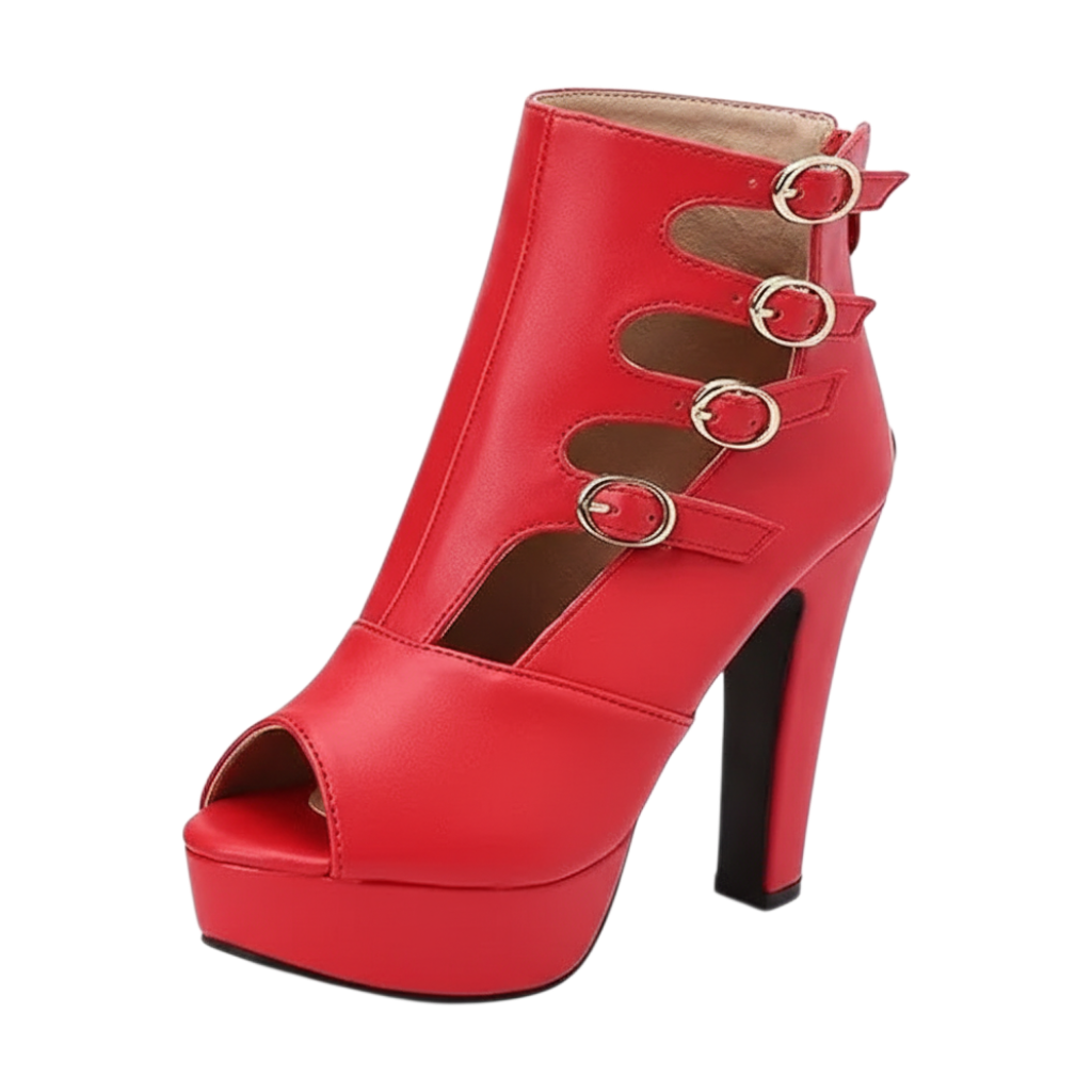 JASE Heart red faux leather gladiator style peep-toe ankle boots with high heels and gold buckle strap details