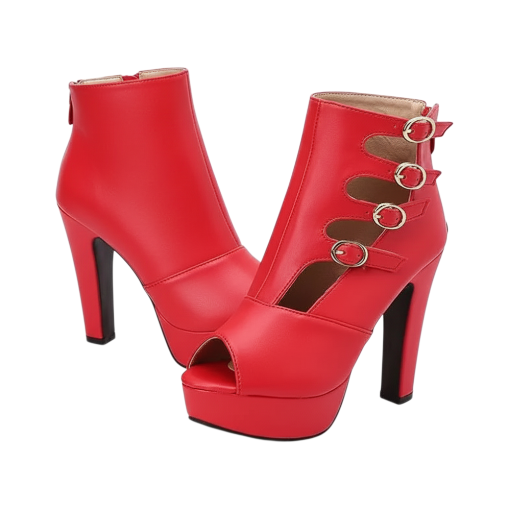 JASE Heart red faux leather peep-toe gladiator ankle boots with high block heels and side buckle straps