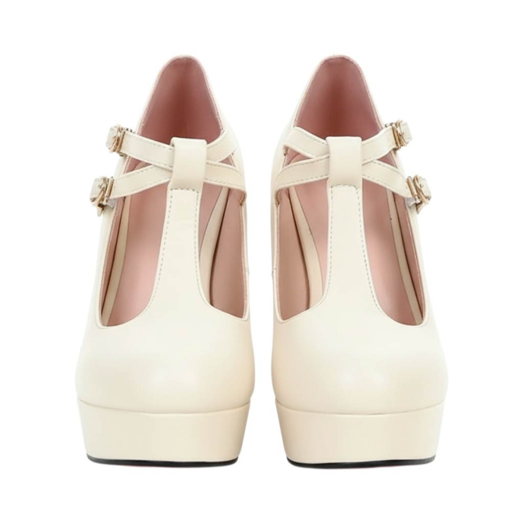 JASE Heart Imperial Lattice cream platform T-strap heels with double buckle detail