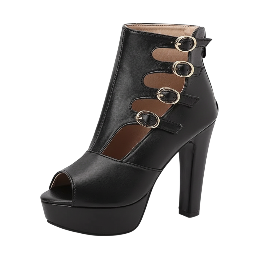 JASE Heart black faux leather peep-toe ankle boots with high heels and decorative side buckle straps
