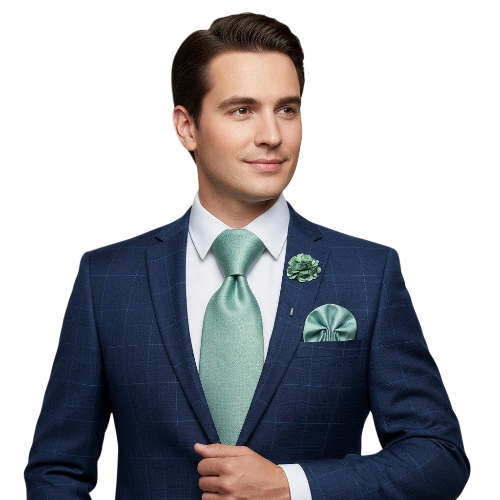 JASE HEART GLOBAL man wearing a navy blue suit with a sage green silk necktie, matching pocket square, and lapel pin.
