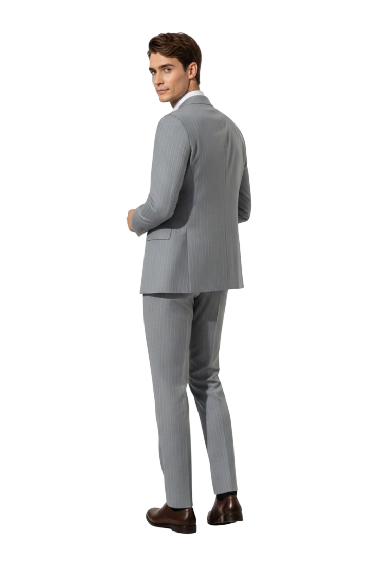 JASE Heart Executive Savile grey pinstripe suit worn by a man, viewed from the back against a white background.