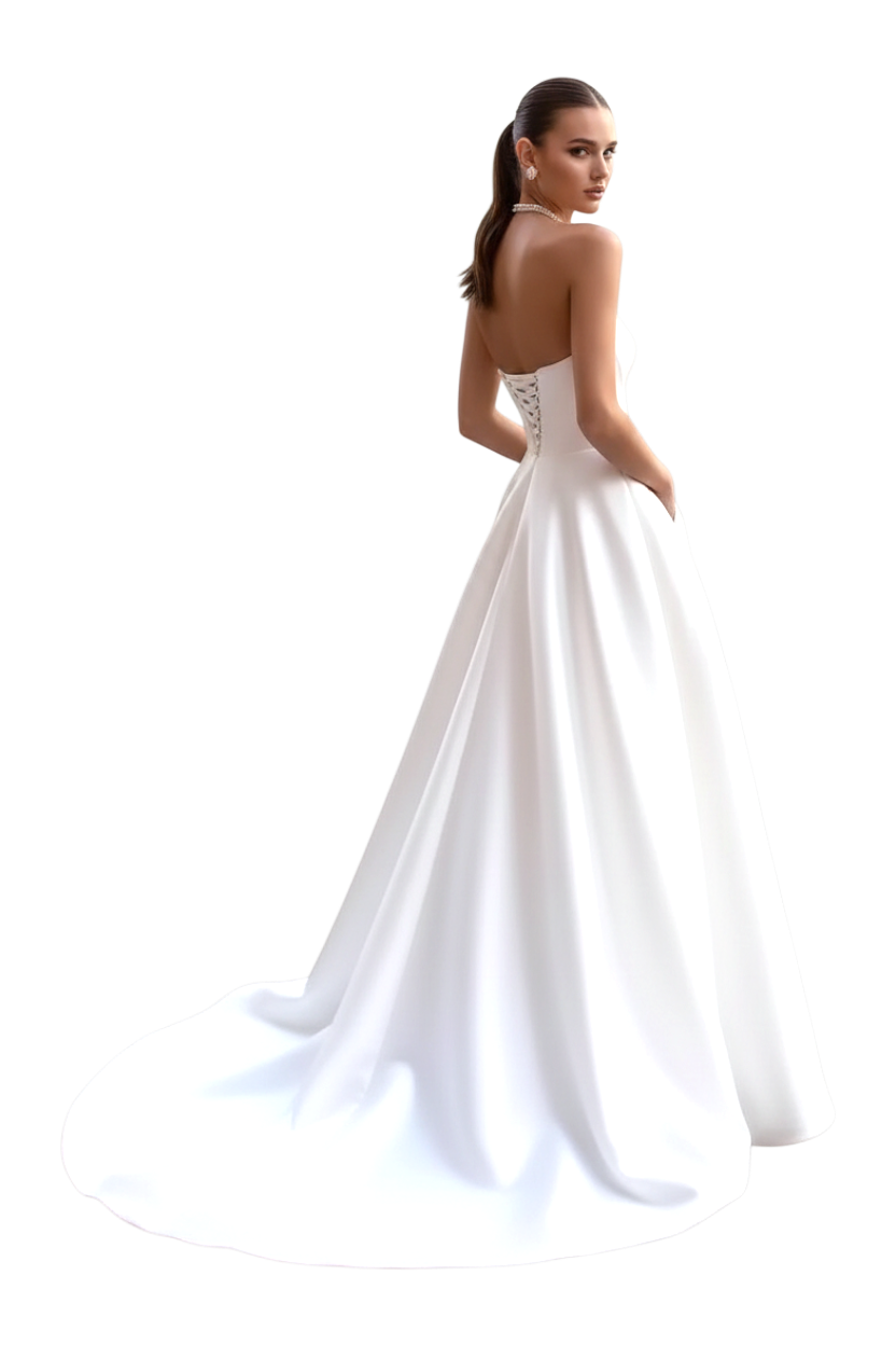 JASE Heart strapless white satin wedding dress with a corset back and long train, worn by a model
