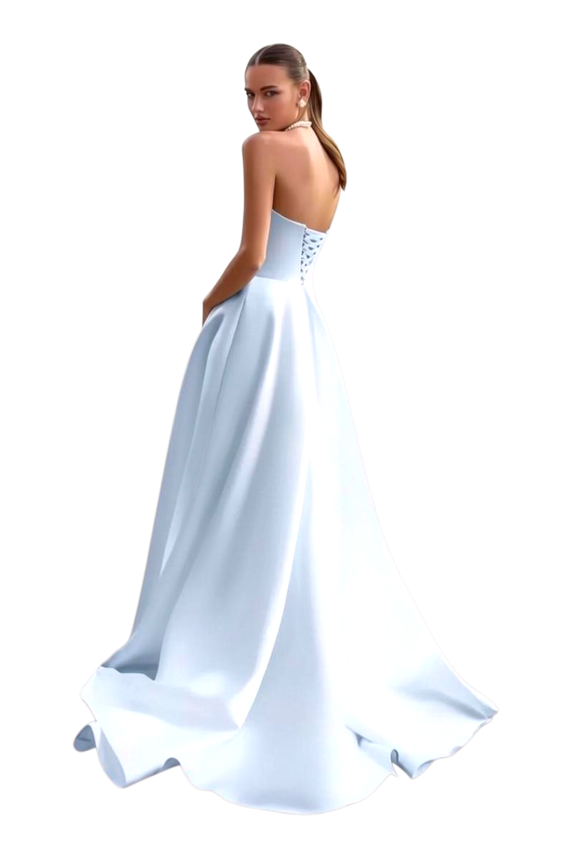 JASE Heart strapless light blue satin ball gown with a lace-up corset back and full floor-length skirt