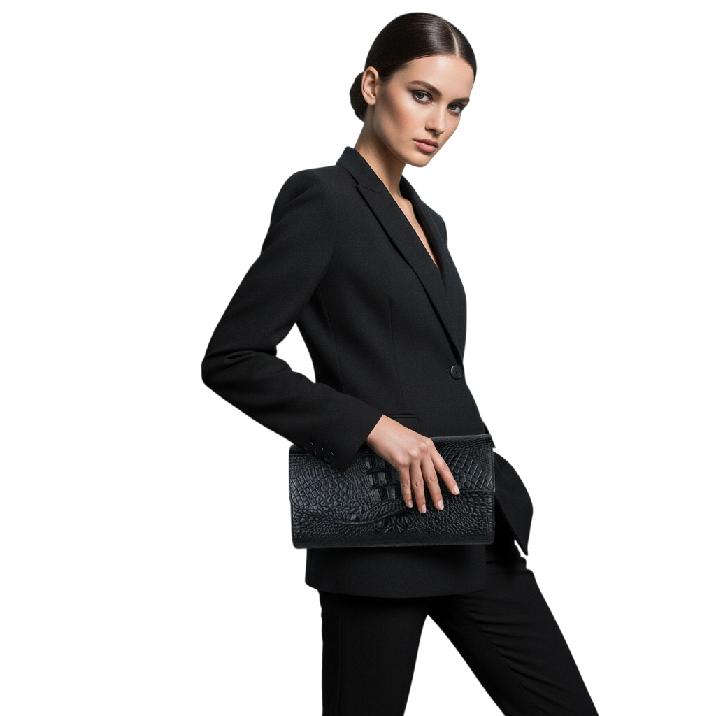 JASE HEART GLOBAL Executive Envelope black crocodile embossed leather clutch held by a woman in a black suit