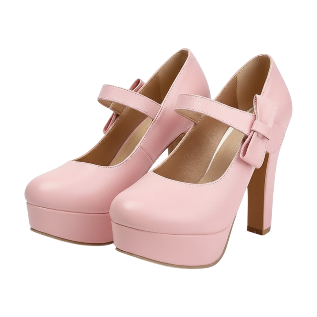JASE Heart pink platform Mary Jane heels with a bow detail and ankle strap on a white background