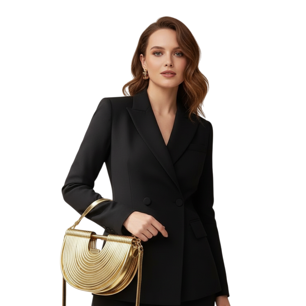 JASE HEART GLOBAL Liquid Half-Moon gold metallic crescent handbag held by a woman in a black blazer