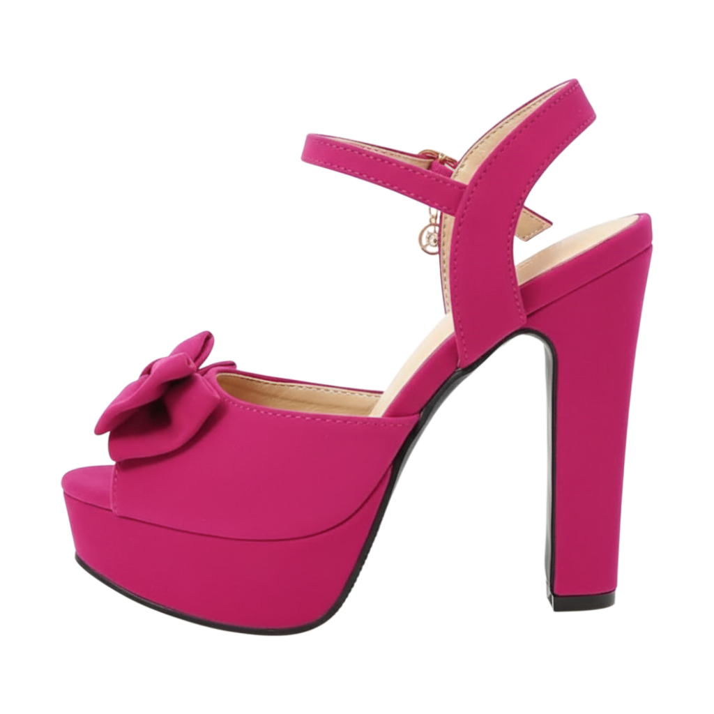 JASE Heart fuchsia pink velvet platform high heel sandals with a decorative bow detail and adjustable ankle strap
