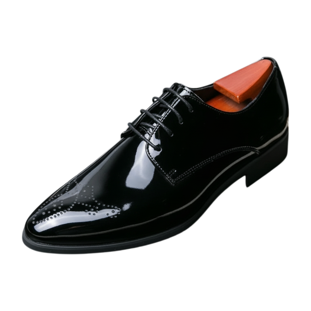 JASE Heart Luminous Brogue black patent leather dress shoe with classic wingtip detailing and lace-up closure.
