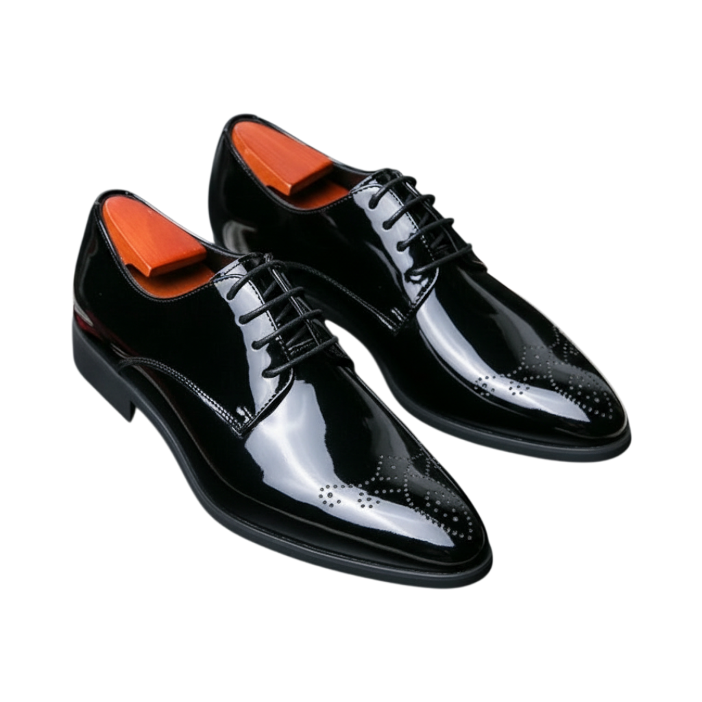 JASE Heart Luminous Brogue black patent leather dress shoes with classic wingtip detailing and lace-up closure