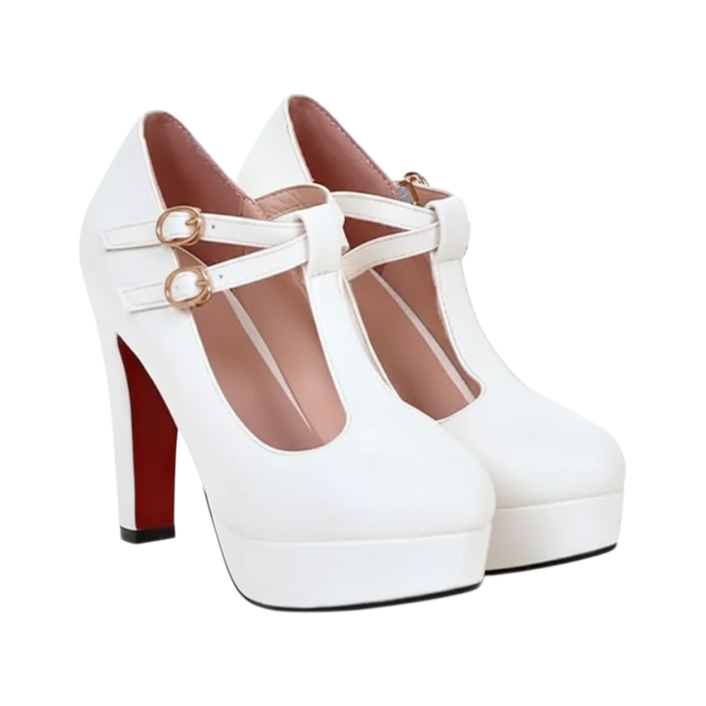JASE Heart white T-strap platform heels with double gold buckles and a striking red sole