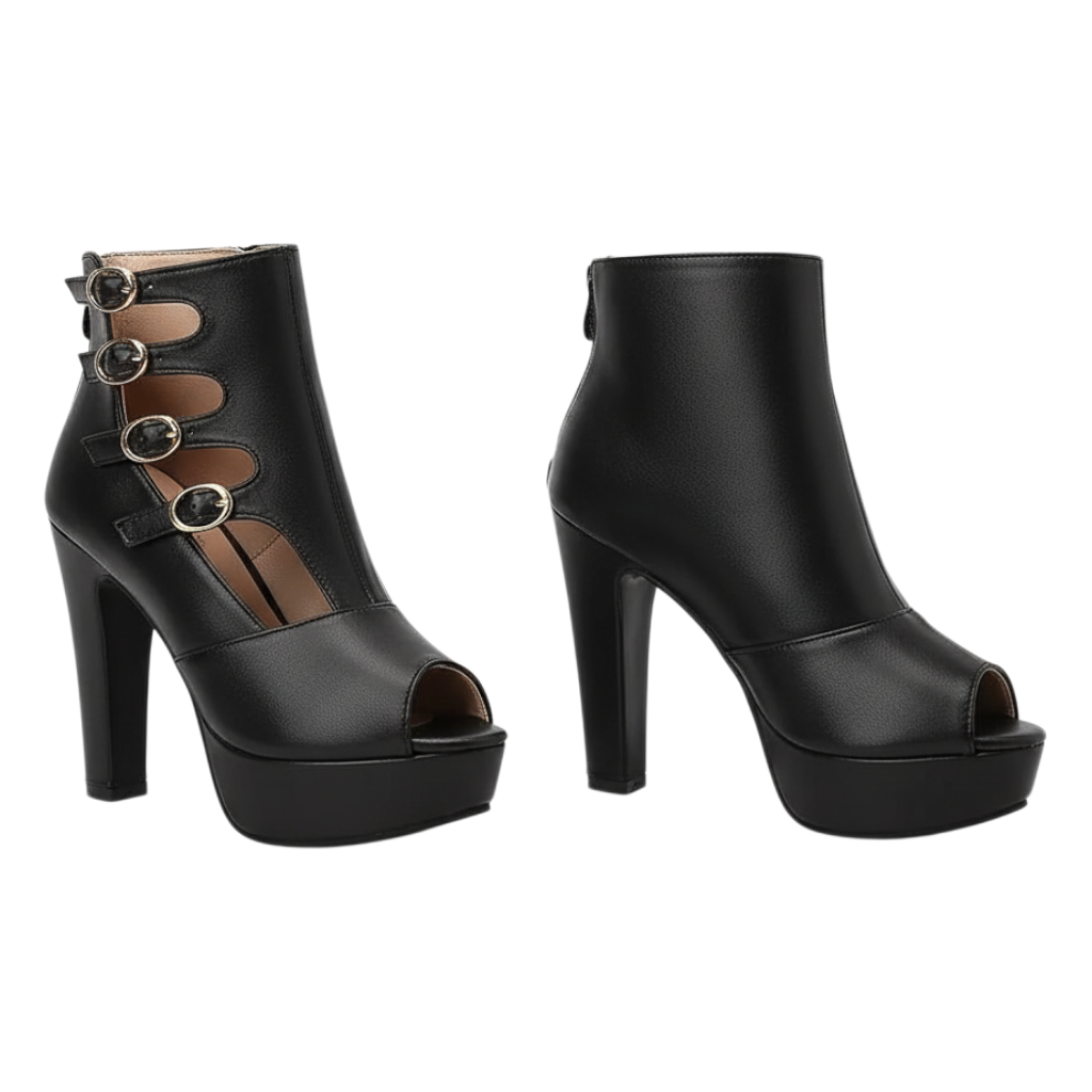 JASE Heart black faux leather peep-toe platform ankle boots with side buckle cutouts and high block heels