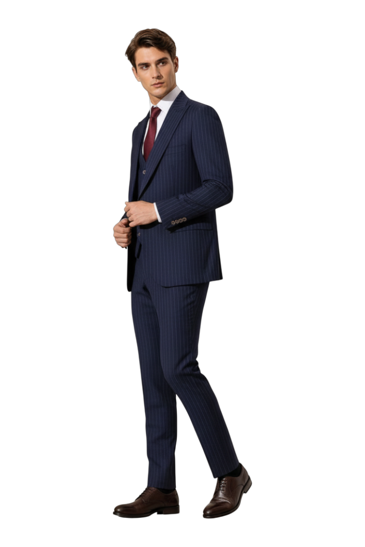 JASE Heart Executive Savile navy pinstripe three-piece suit worn by a man with a white shirt and burgundy tie.