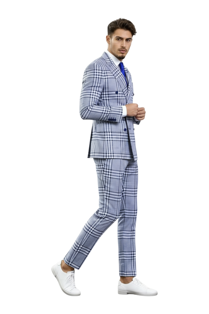 JASE Heart men's blue and white plaid double-breasted suit worn with a white shirt, blue tie, and white sneakers.