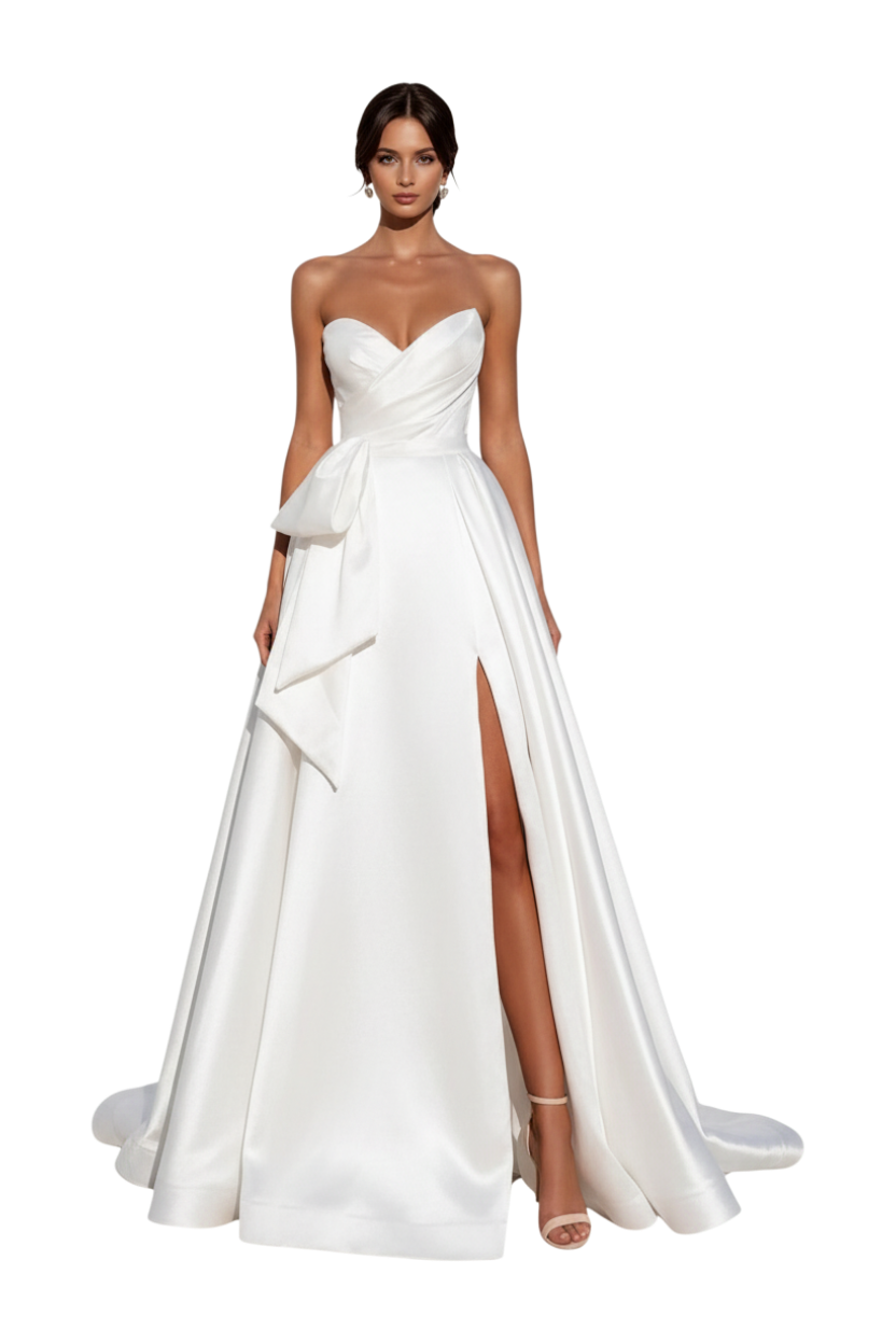 JASE Heart strapless white wedding dress with a sweetheart neckline, gathered bodice, waist bow, and high leg slit.