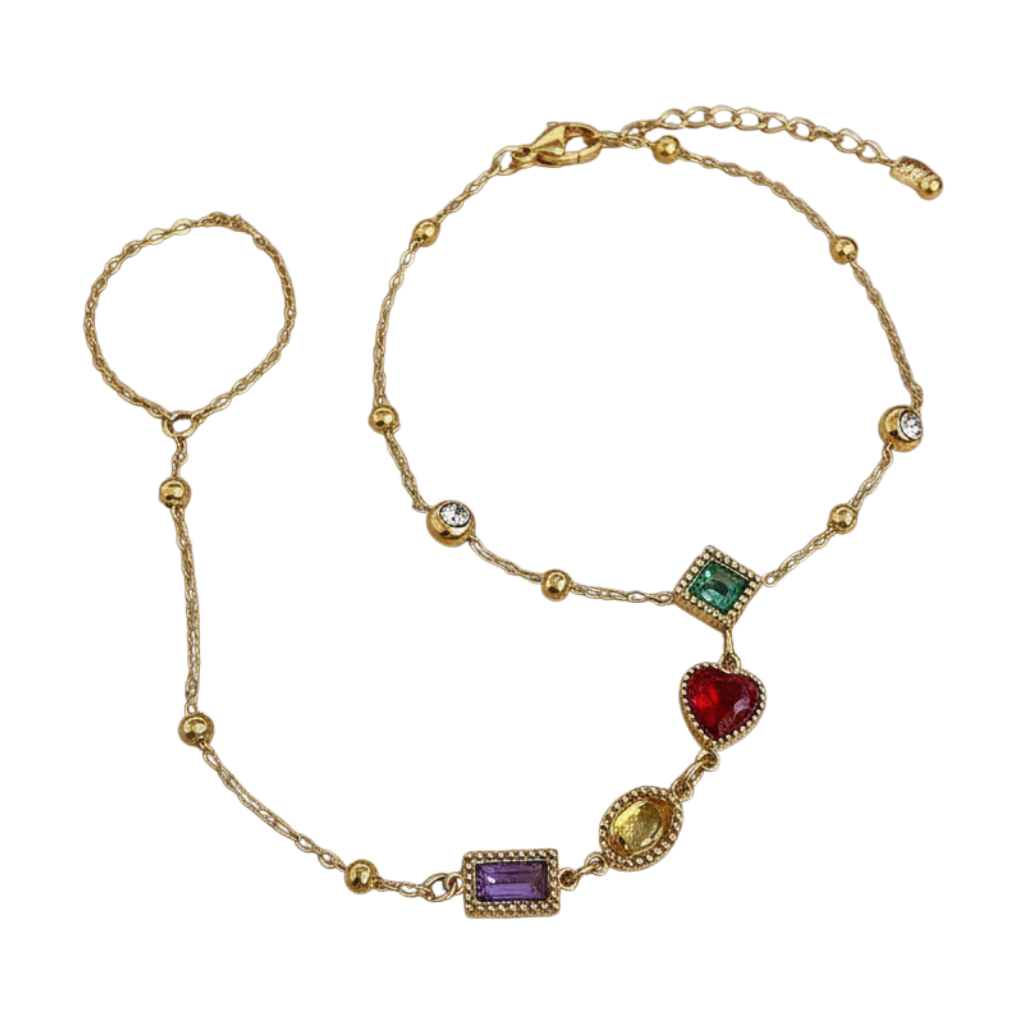 JASE HEART GLOBAL gold-tone hand chain bracelet featuring multi-colored gemstone charms and a delicate finger ring.