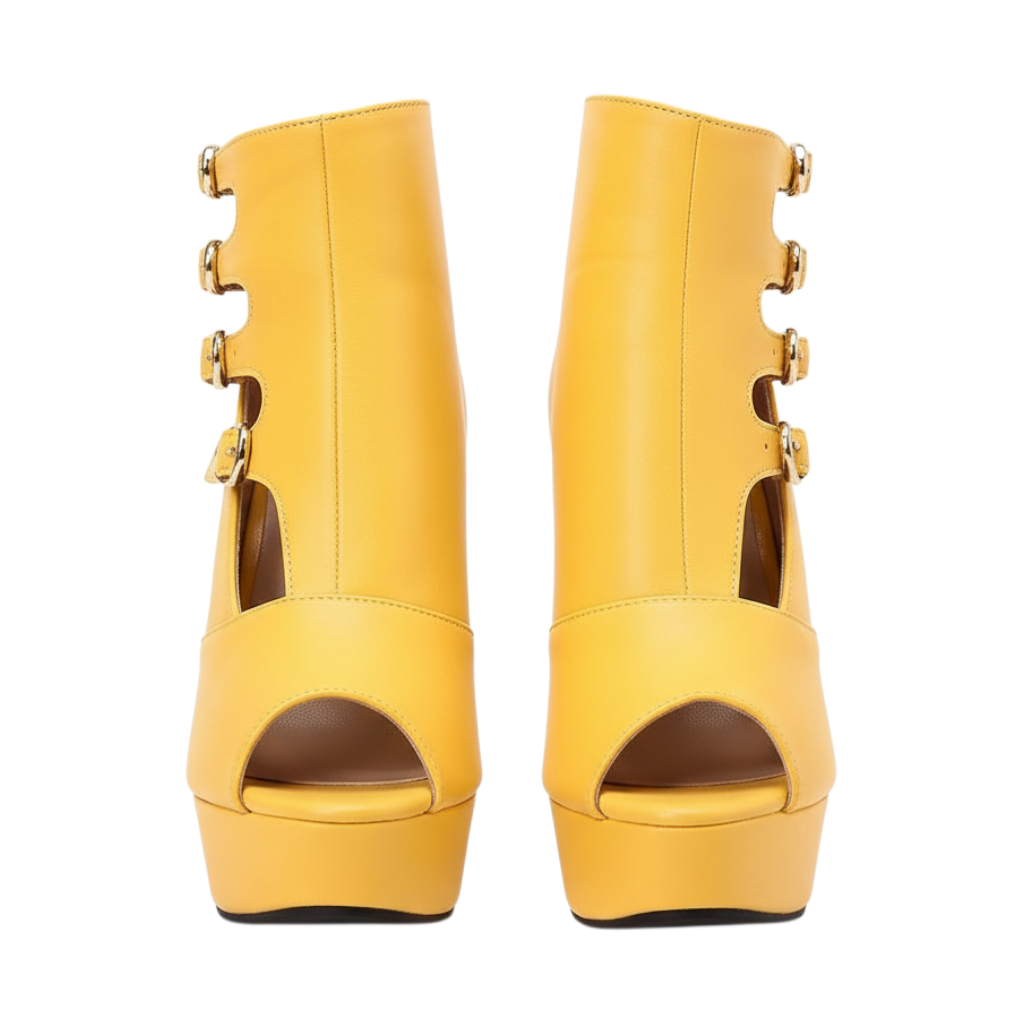 JASE Heart Radiant Gladiator yellow platform peep-toe ankle boots with gold buckle straps