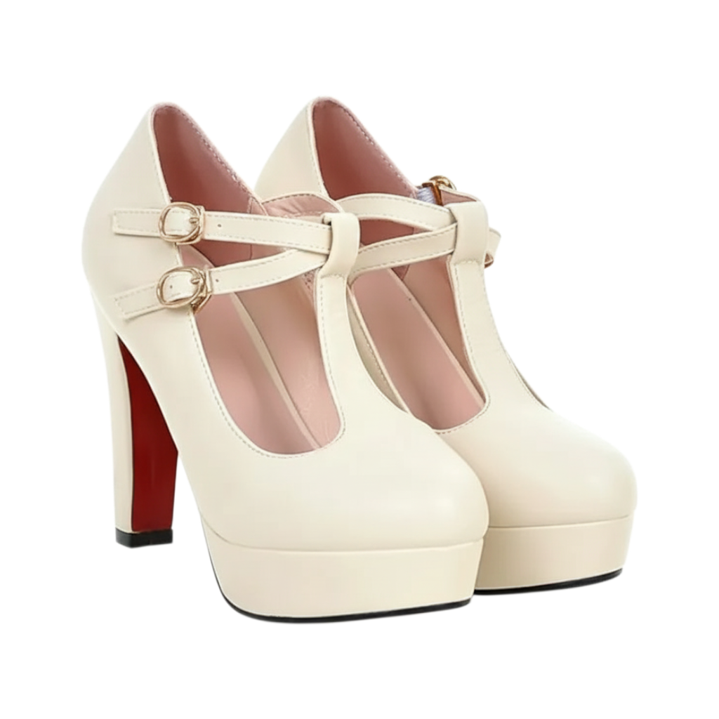 JASE Heart cream T-strap platform heels with double buckle straps and a high block heel featuring a red sole.