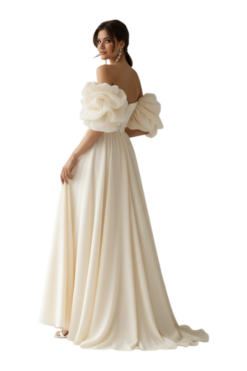 JASE Heart Ethereal Volante off-shoulder ivory wedding dress with voluminous organza puff sleeves and floor-length skirt