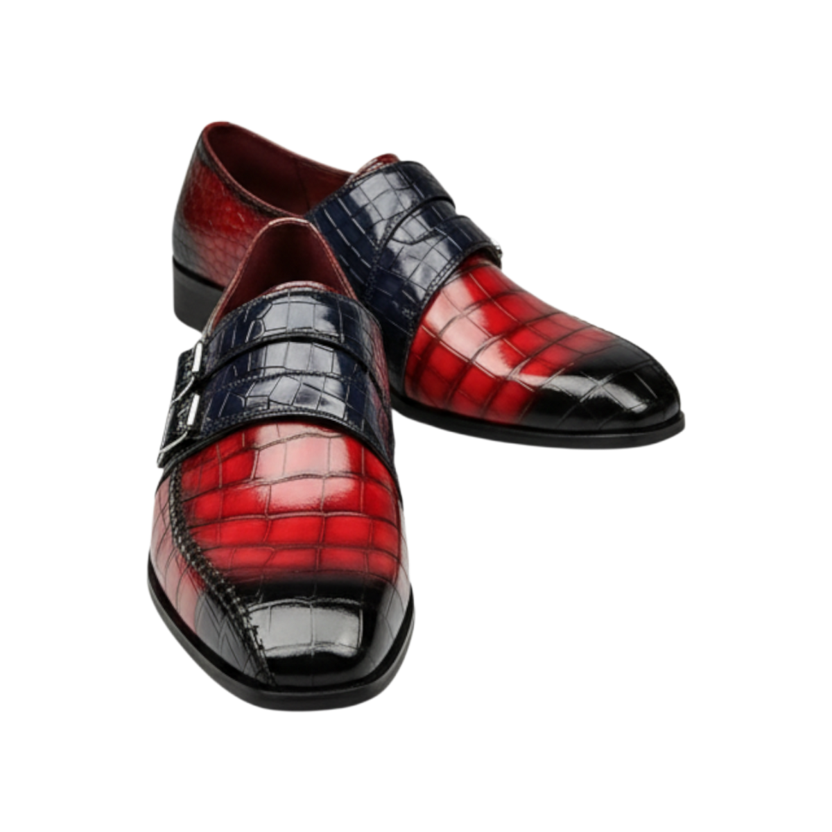JASE Heart Royal Alligator double monk strap shoes in red, blue, and black gradient crocodile-embossed leather.