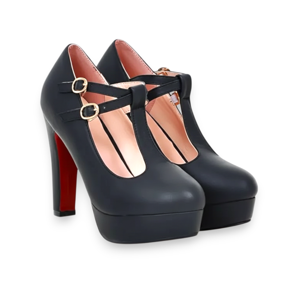 JASE Heart Imperial Lattice black platform heels with T-strap, double gold buckles, and red sole detail