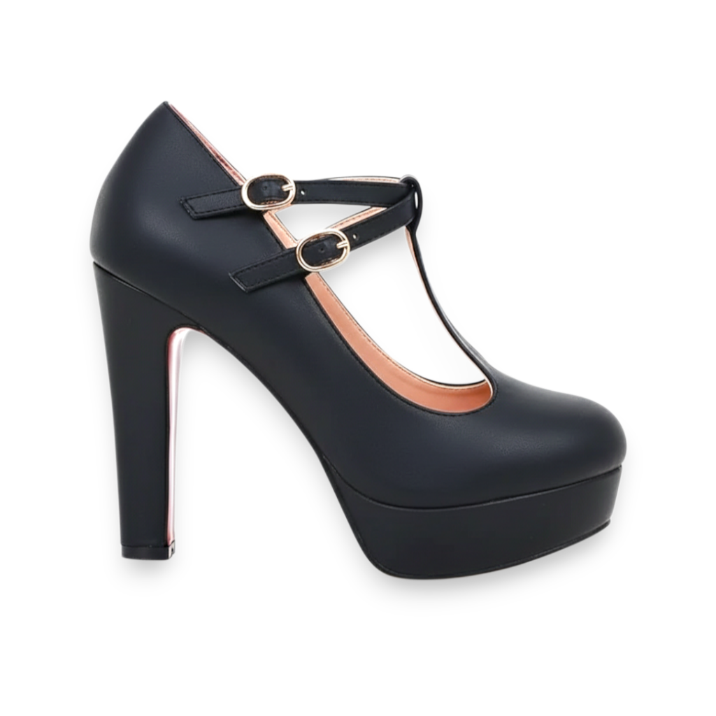 JASE Heart black platform T-strap high heels with double buckle closure and rounded toe