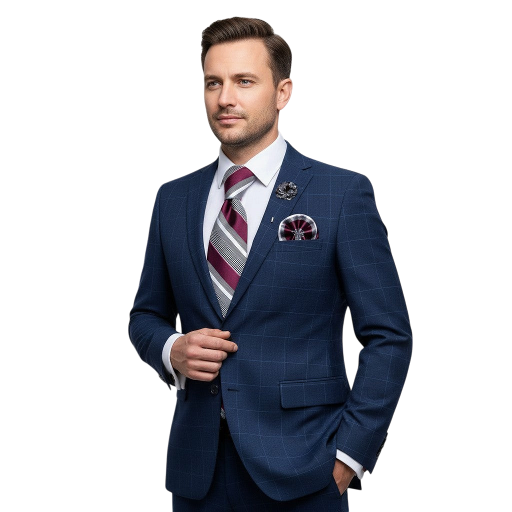 JASE HEART GLOBAL man wearing a navy blue plaid suit with a striped tie, pocket square, and lapel pin