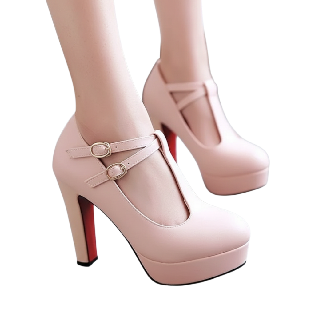 JASE Heart pink platform high heels with double buckle straps and red soles worn on feet