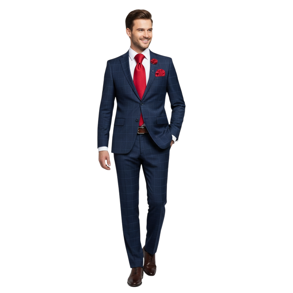 JASE HEART GLOBAL navy blue plaid suit with a vibrant red tie and matching pocket square worn by a smiling man