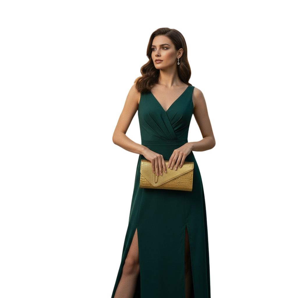 JASE HEART GLOBAL woman in a dark green evening gown holding a gold crocodile-textured Executive Envelope clutch bag