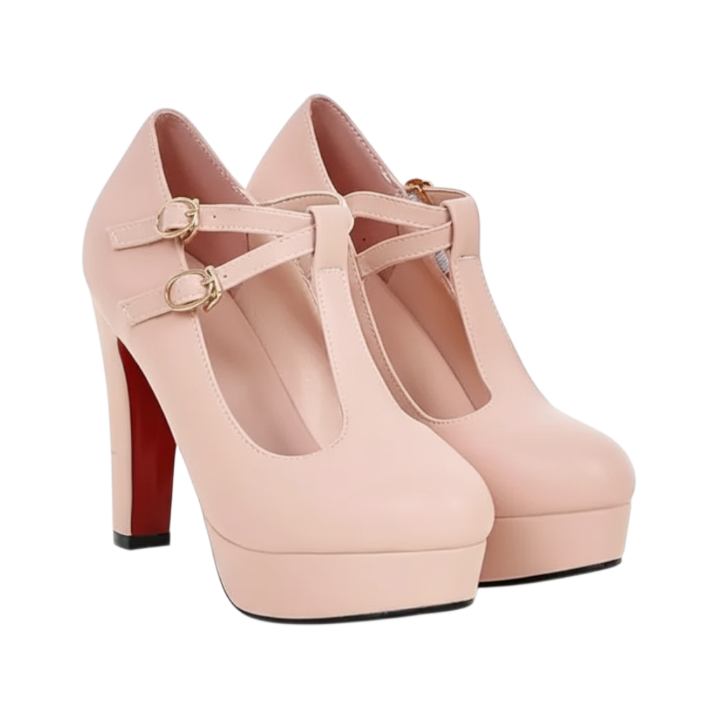 JASE Heart Imperial Lattice light pink platform heels with T-strap buckle design and high block heels