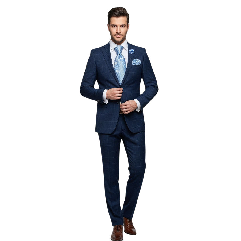 JASE HEART GLOBAL navy blue plaid suit with a light blue paisley tie and pocket square worn by a man in a studio