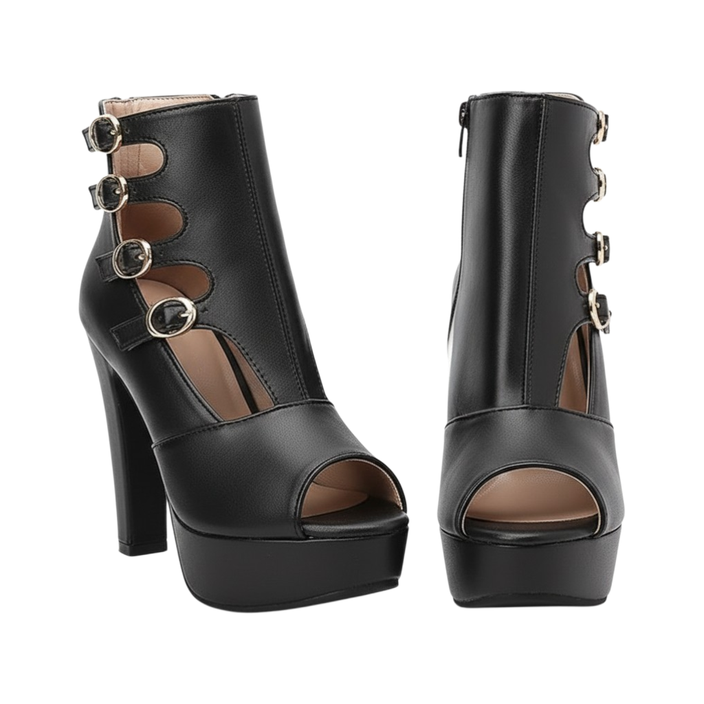 JASE Heart black faux leather peep-toe platform ankle boots with side cutouts and gold buckle straps