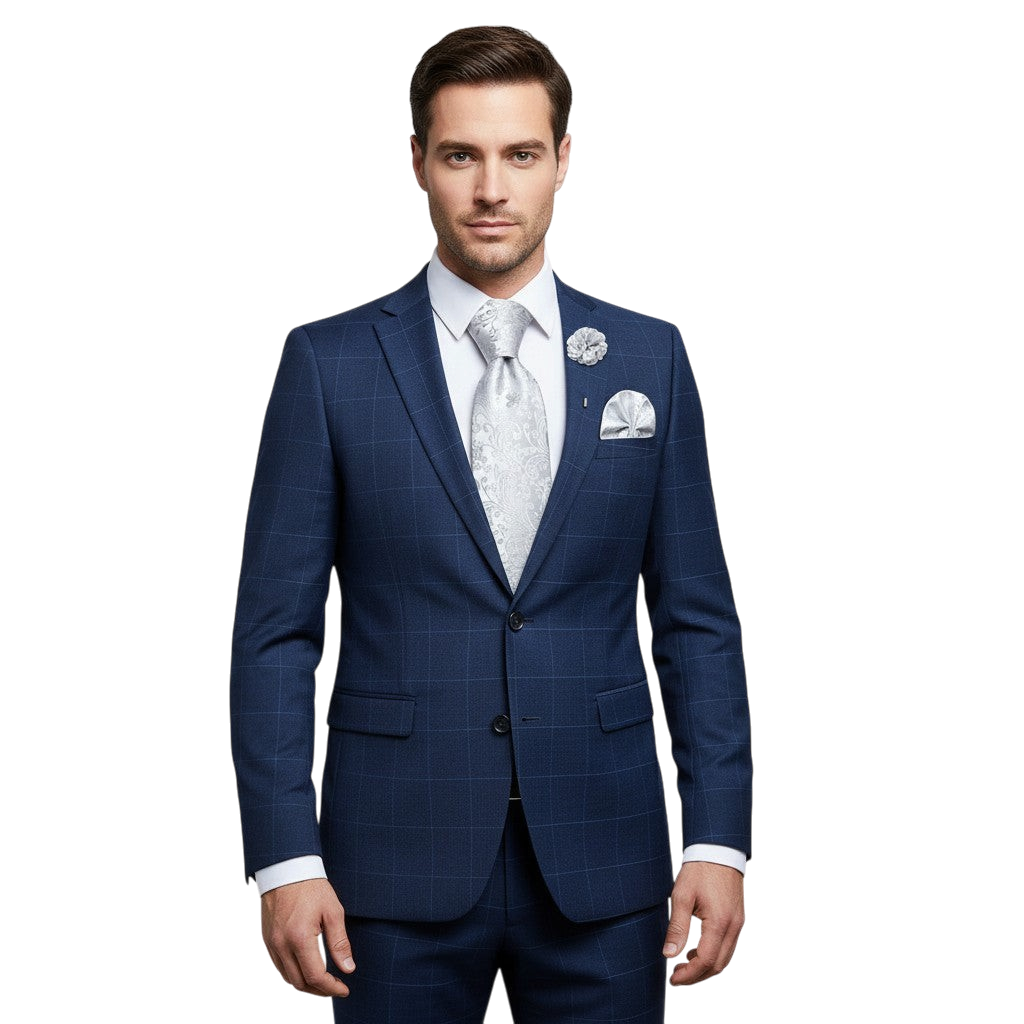 JASE HEART GLOBAL navy blue plaid suit with a silver paisley silk tie and matching pocket square on a man